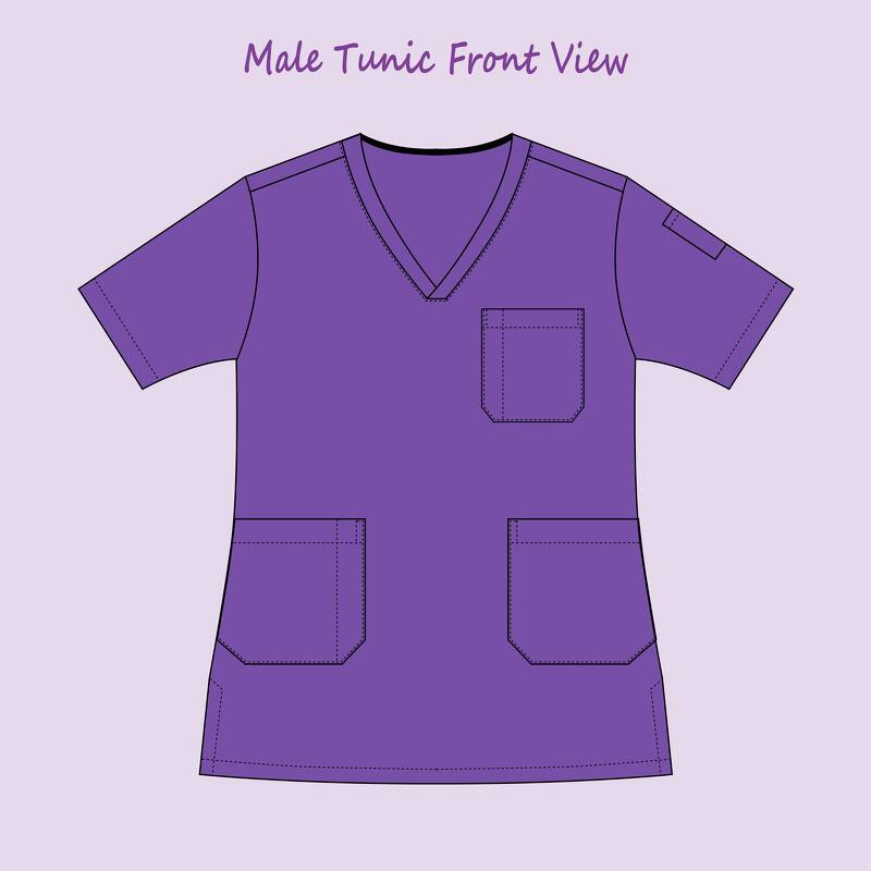 Flat front illustration of a men's purple V-neck tunic with chest and hip patch pockets and visible topstitching.