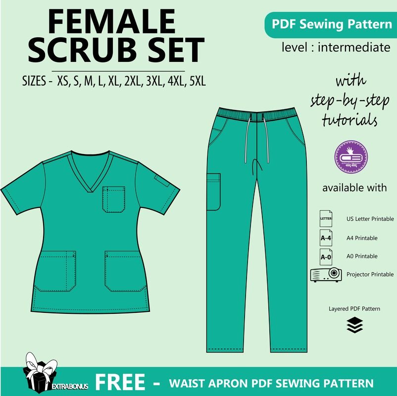 Female Scrub Set PDF Sewing Pattern | Nursing Scrubs Sewing | Medical Tunic