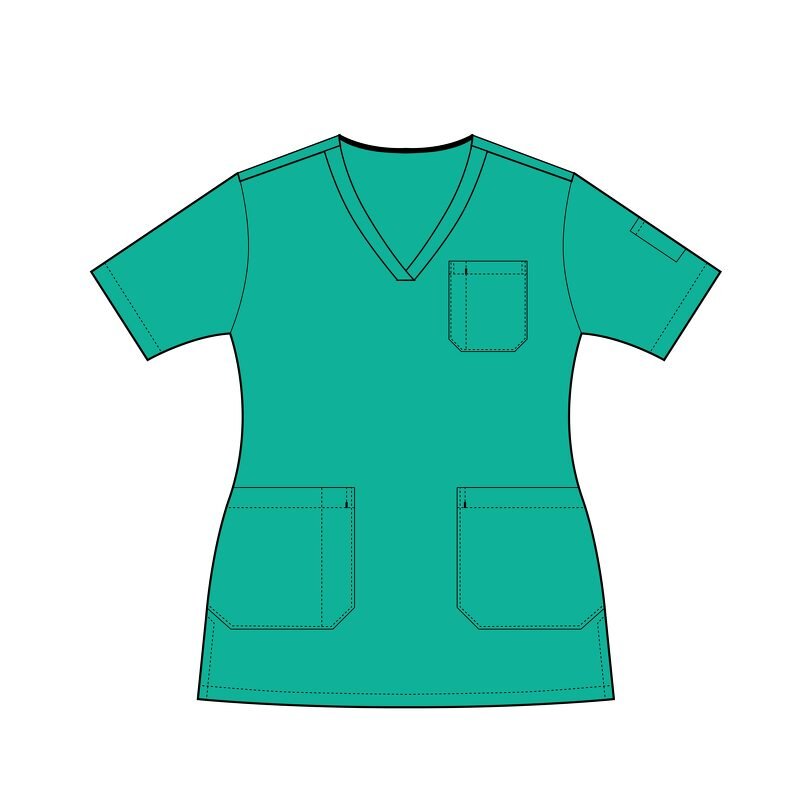 Teal women's V-neck scrub tunic with chest pocket and two hip patch pockets