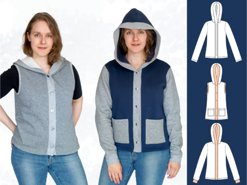 Daria – Sweatjacke oder Weste mit Kapuze & Knopfleiste (BU 80-116) A4+A0