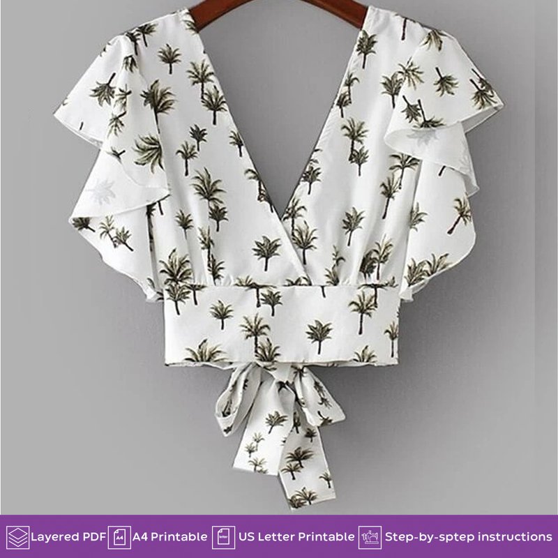 Tie Back Crop Blouse PDF Sewing Pattern | Ruffle Sleeve | Summer Dress PDF