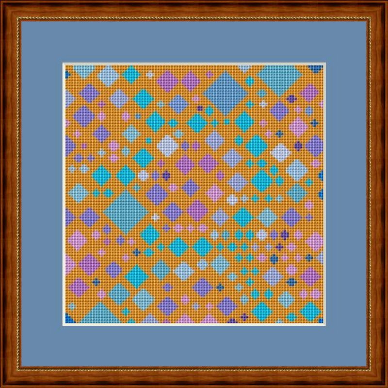 Kreuzstich-Zählvorlage mit regelmäßigen Rauten in Türkis, Hellblau und Violett auf orangefarbenem Hintergrund
