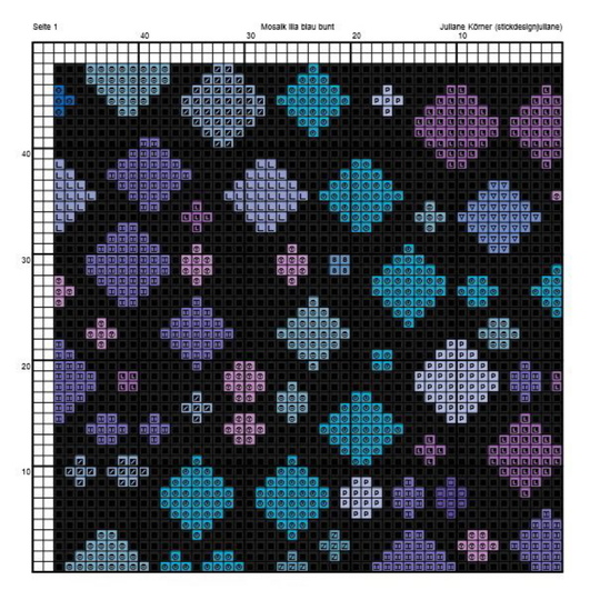Kreuzstichmuster Mosaik lila blau, Stickvorlage Kreuzstich PDF