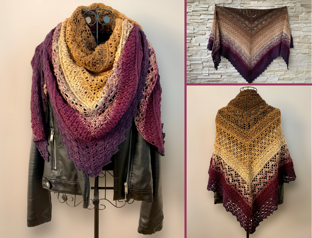 Triangle crochet shawl in gold, cream and plum gradient draped on a dress form over a black leather jacket