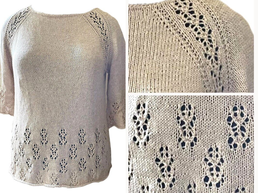 Beiges Strickshirt mit Raglanärmeln und Ajour-Lochmuster an Saum und Ärmeln