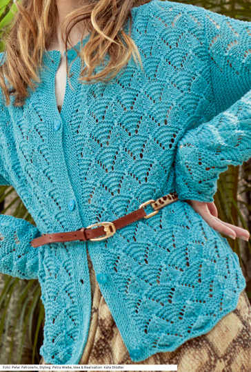 Türkisfarbene Strickjacke im Ajourmuster