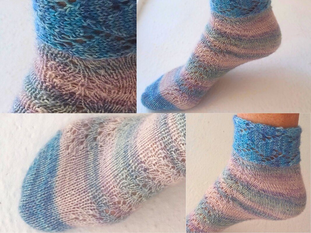 Gestrickte Kurzsocken in Pastellfarben mit Spitzenbündchen, Nahaufnahme