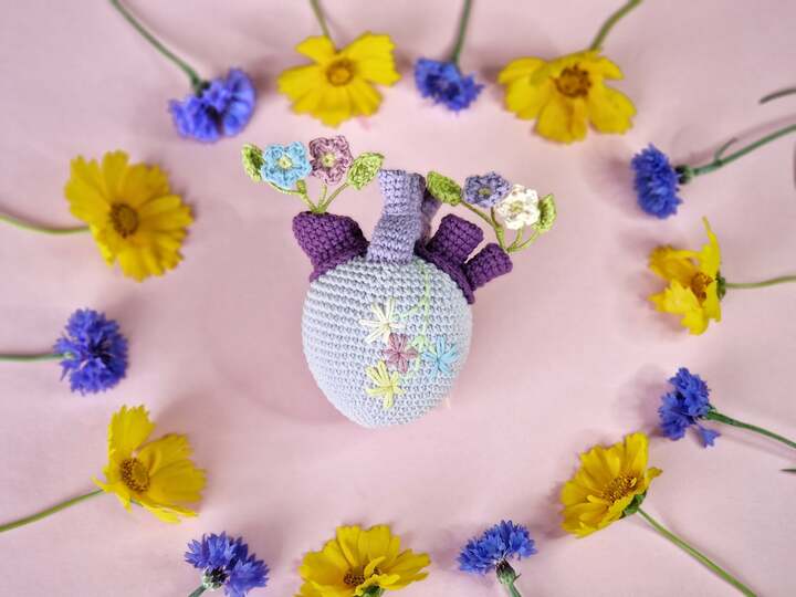 Crochet forget - me - not flowers bouquet in anatomical heart vase