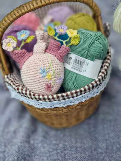 Crochet forget - me - not flowers bouquet in anatomical heart vase