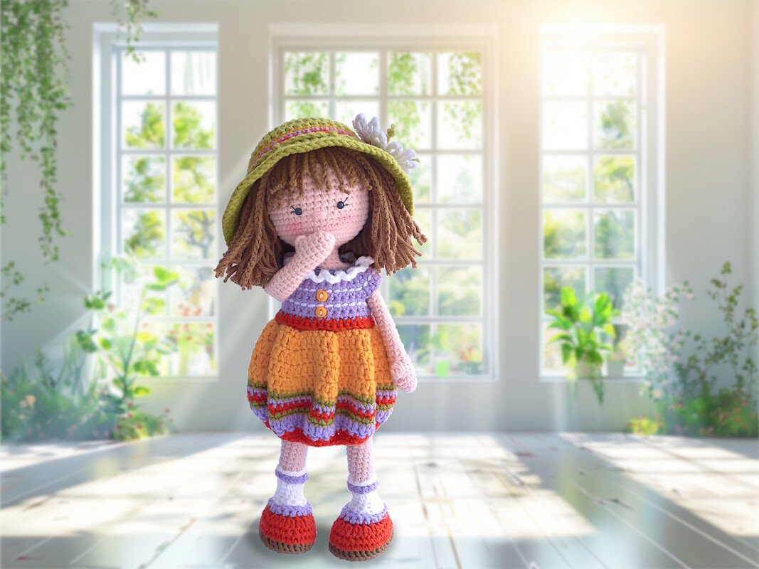 Crocheted amigurumi doll with brown hair, green hat, purple top, orange skirt, and striped shoes in a bright room.
