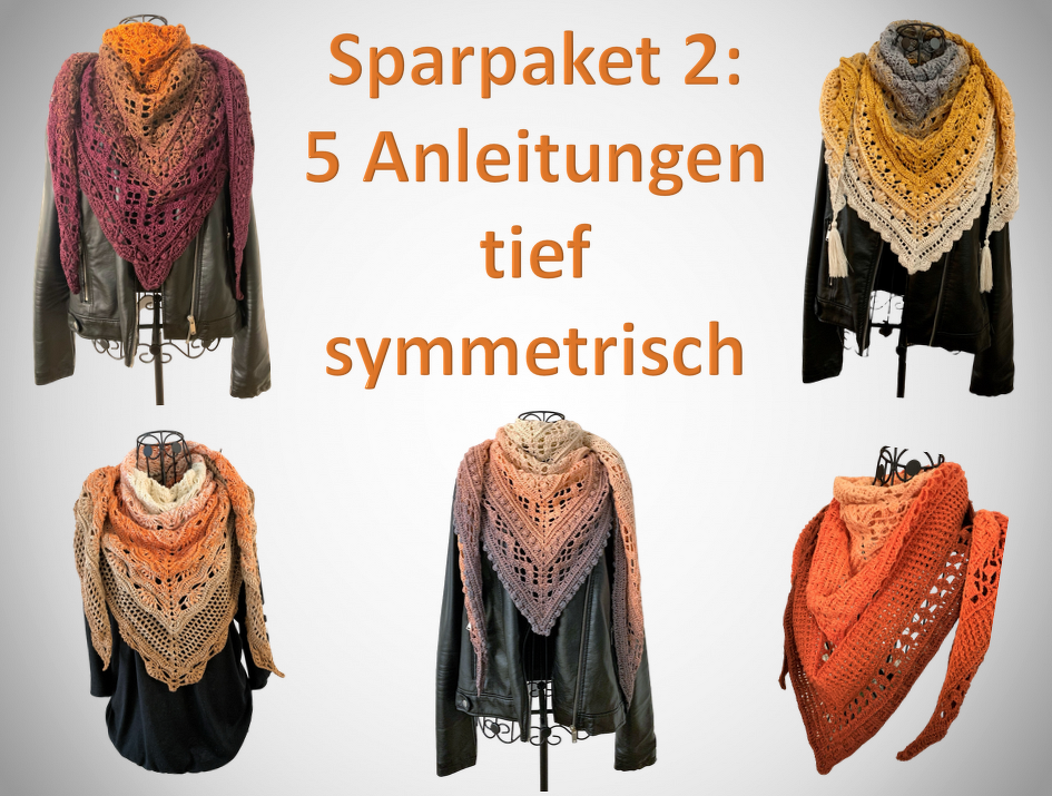 Sparpaket 02: 5 Häkelanleitungen "Tiefe symmetrische Tücher"