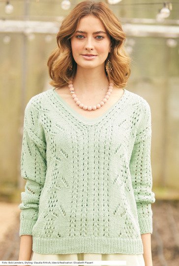 Lindgrüner V-Ausschnittpulli mit Ajourmustern
