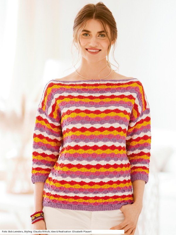 Pullover mit Hebemaschenmuster in Lila, Pink, Gelb, Rot und Weiß