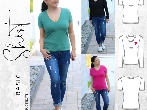 Ebook BASIC-SHIRT Nr.2 V-Ausschnitt Gr. 32-56 + gratis Plott