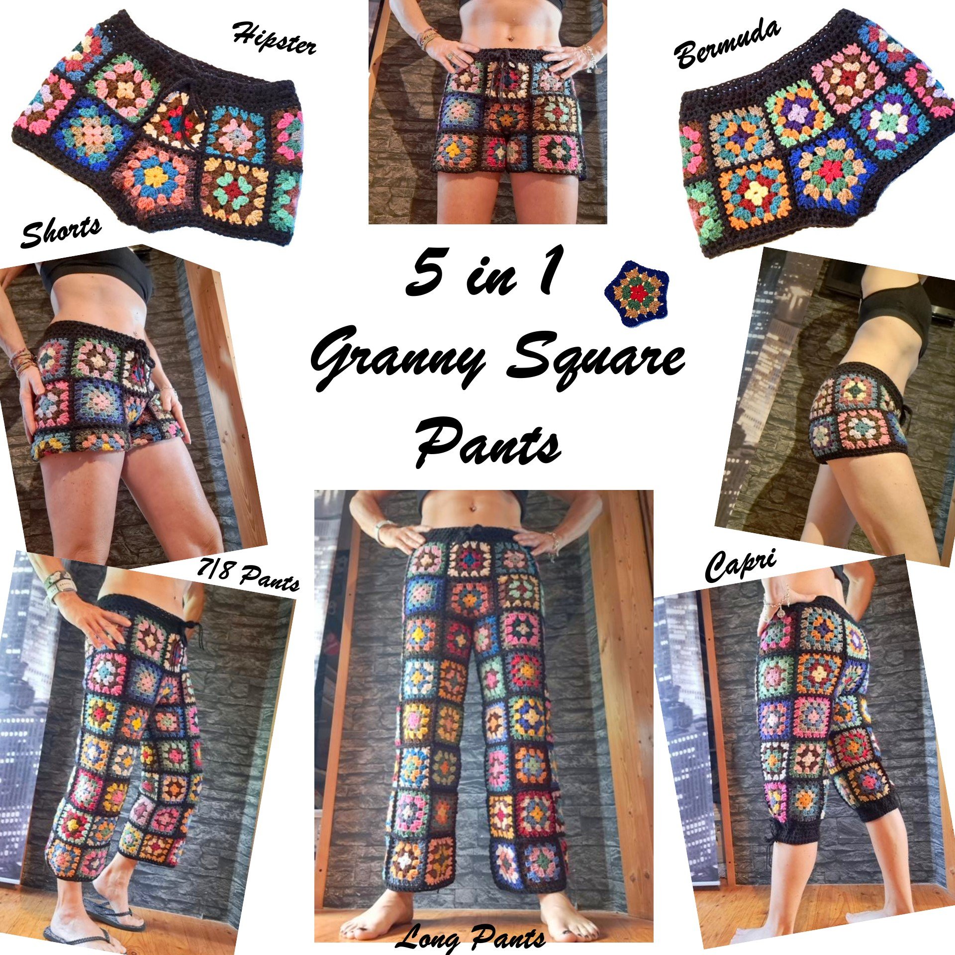 CROCHET PATTERN * 5in1 PANTS * granny square trousers