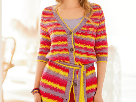 Mantel mit Musterstreifen in Lila, Gelb, Magenta und Rot