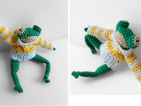 Pattern for Crocheting a Small Frog in a Striped Sweater