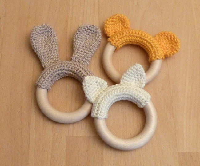 Häkelanleitung für Greiflinge/Beißringe mit Ohren: Katze, Bär und Hase