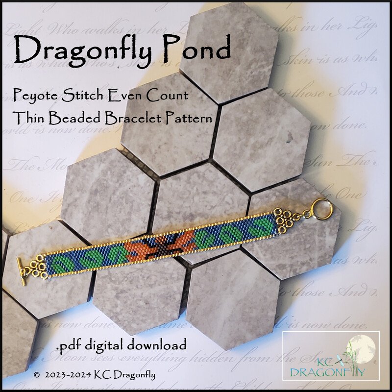 Dragonfly Over Lily Pond Narrow Peyote Stitch Bracelet