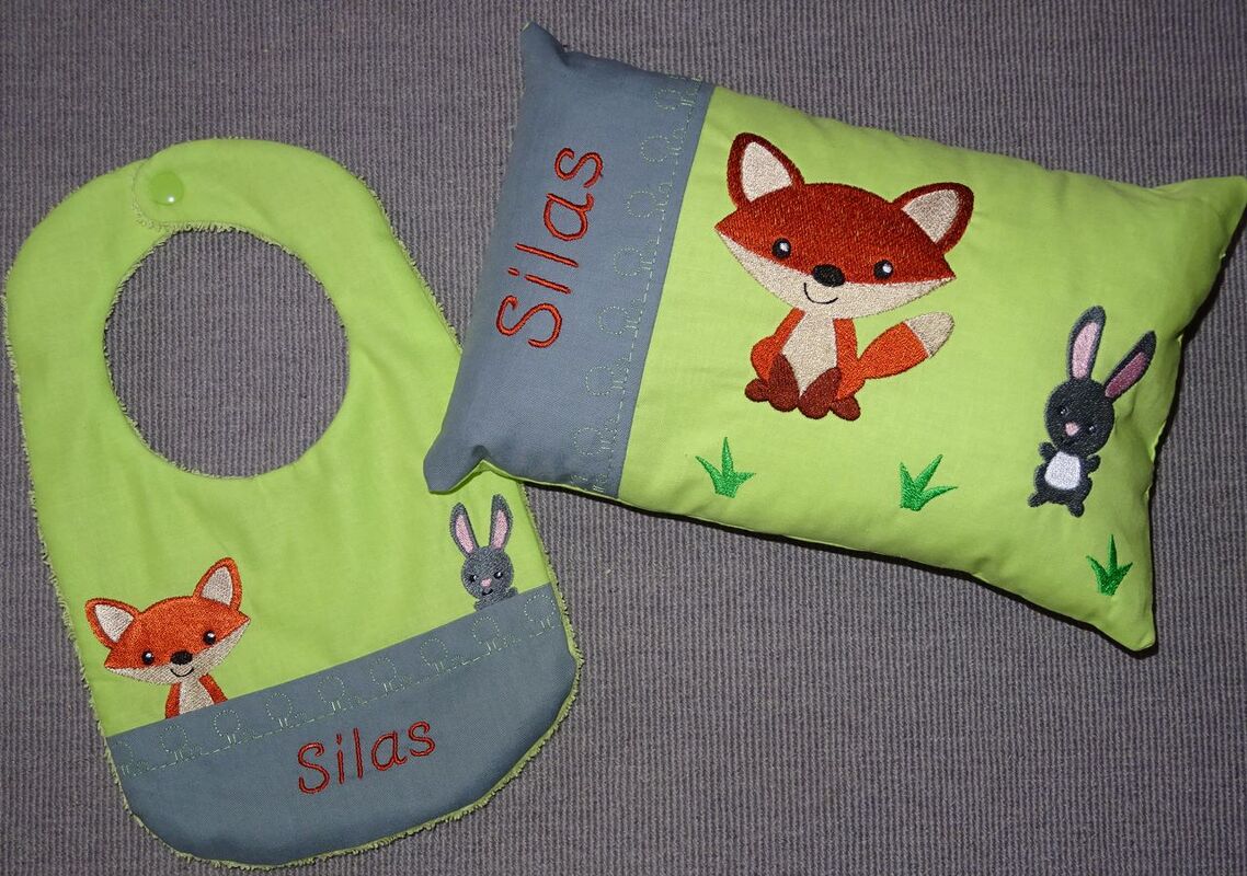 Stickdatei - Fuchs mit Hase Kissen und Lätzchen SET ITH