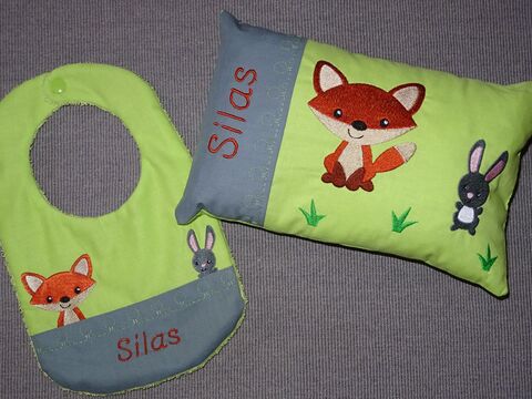 Stickdatei - Fuchs mit Hase Kissen und Lätzchen SET ITH