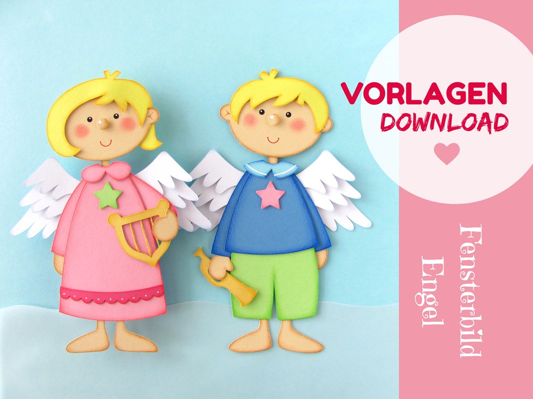 DIY Bastelvorlage Fensterbild Engelmädchen und Engeljunge