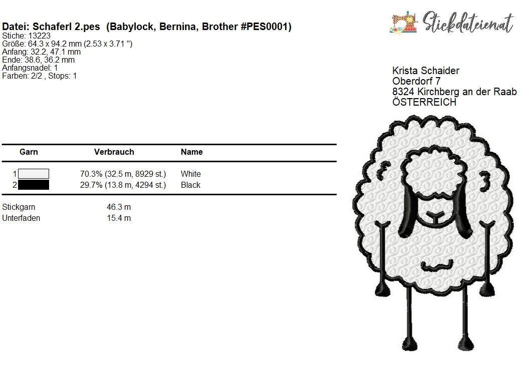 Digitale Stickdatei Schaf, Stickdatei 10x10, Schaf Stickmuster - Bild 3