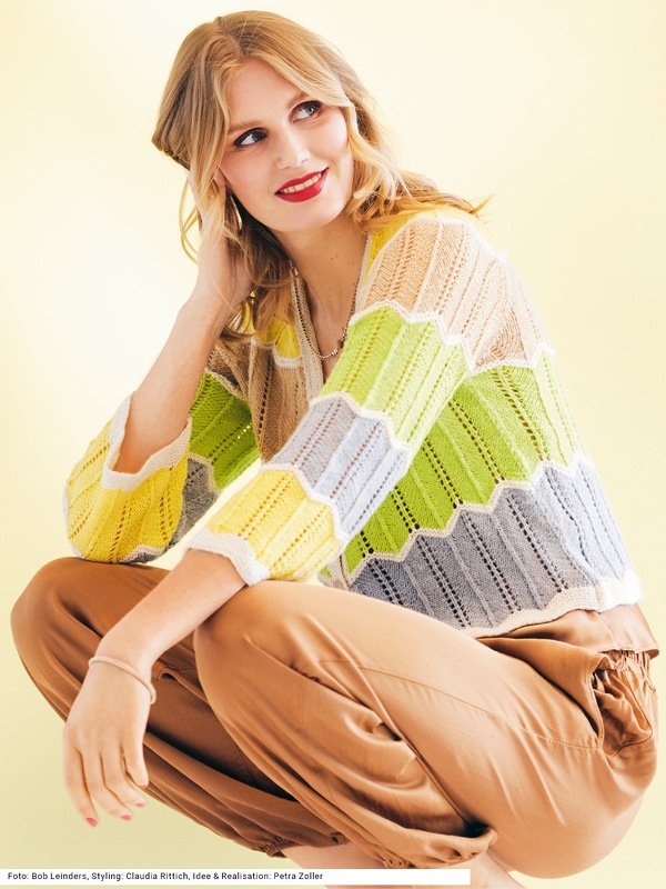 Jacke mit Ajour-Blockstreifen in Weiß, Grün, Grau, Beige und Gelb