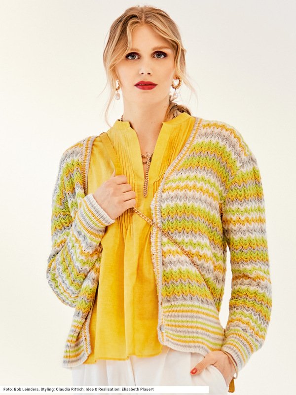 Jacke im Hebemaschenmuster in Weiß, Gelb, Grège und Limette