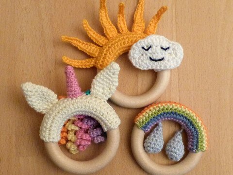 Häkelanleitung für Greiflinge/Beißringe Einhorn, Regenbogen und Sonne