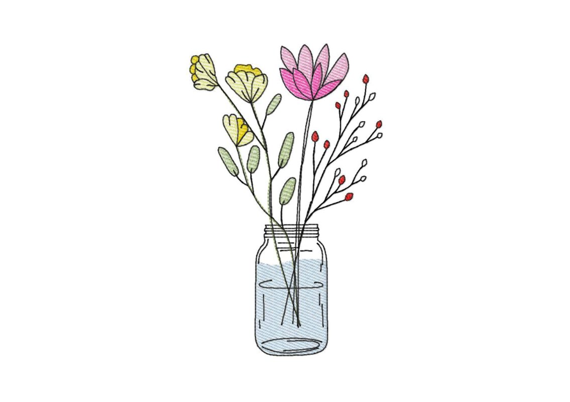 Stickdatei Blumenglas Nr. 1 in vier Größen, Sommer, Frühling, Wildblumen