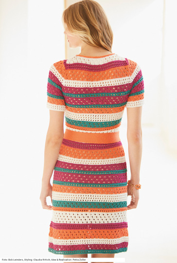 Gestreiftes Kleid in Orange, Pink, Natur und Petrol mit Gürtel