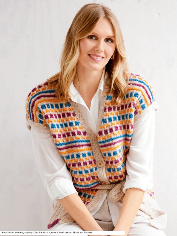 Weste mit Hebemaschenmuster in Hellbeige, Fuchsia, Orange und Petrol