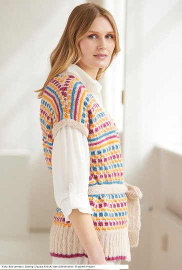 Weste mit Hebemaschenmuster in Hellbeige, Fuchsia, Orange und Petrol