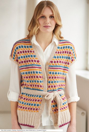 Weste mit Hebemaschenmuster in Hellbeige, Fuchsia, Orange und Petrol