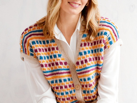 Weste mit Hebemaschenmuster in Hellbeige, Fuchsia, Orange und Petrol