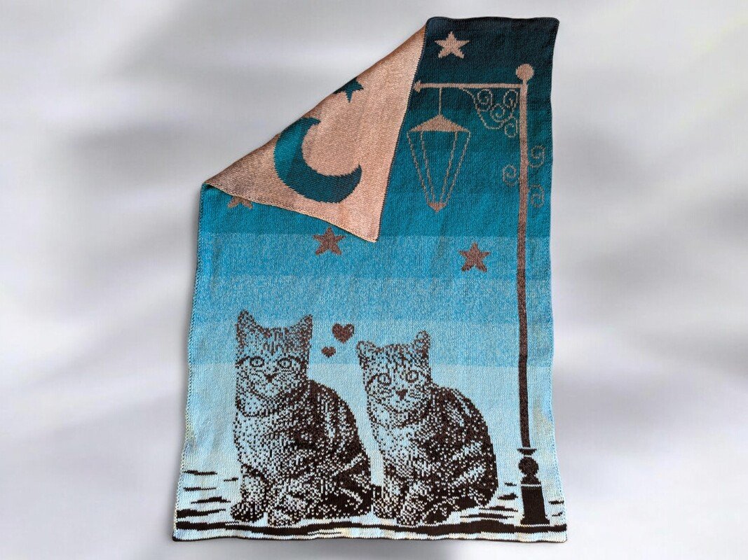 Reversible knitted baby blanket showing two striped cats, a street lamp, stars and a crescent moon on a blue gradient, with a peach underside.