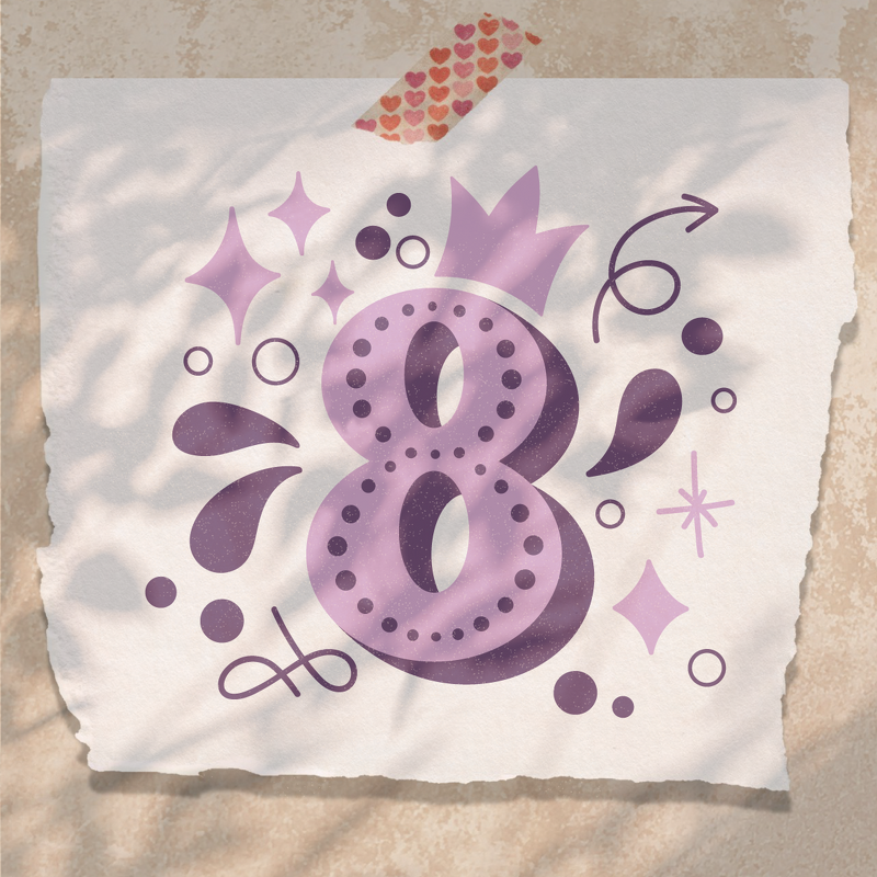 Dekorative Zahl 8 in lila mit Krone, Punkten und Sternen auf gerissenem Papier