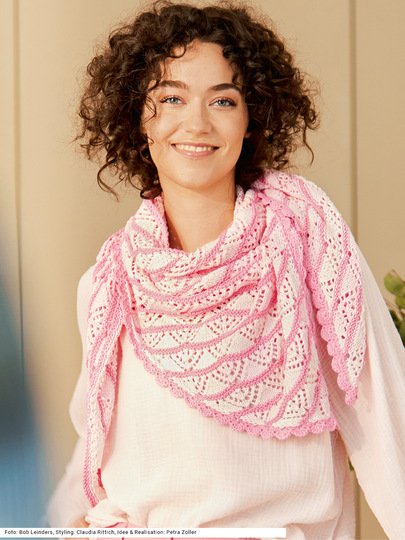 Dreieckstuch mit Ajourmusterstreifen in Pink und Rosa