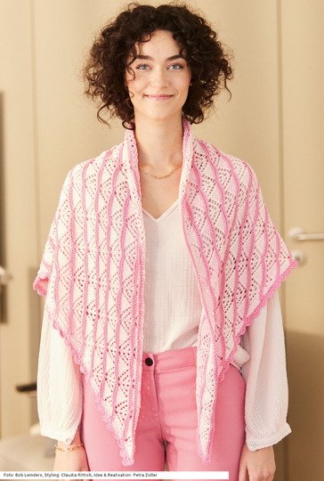 Dreieckstuch mit Ajourmusterstreifen in Pink und Rosa