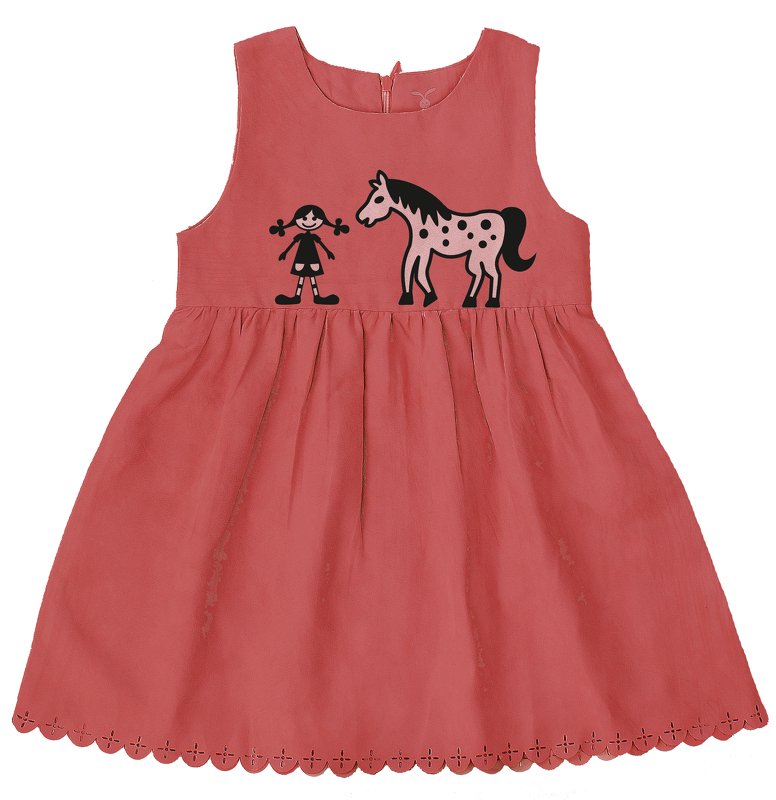 Rosafarbenes ärmelloses Kinderkleid mit schwarzem Plotmotiv eines Mädchens und eines gepunkteten Pferdes, geraffter Rock und gewellte Saumkante.