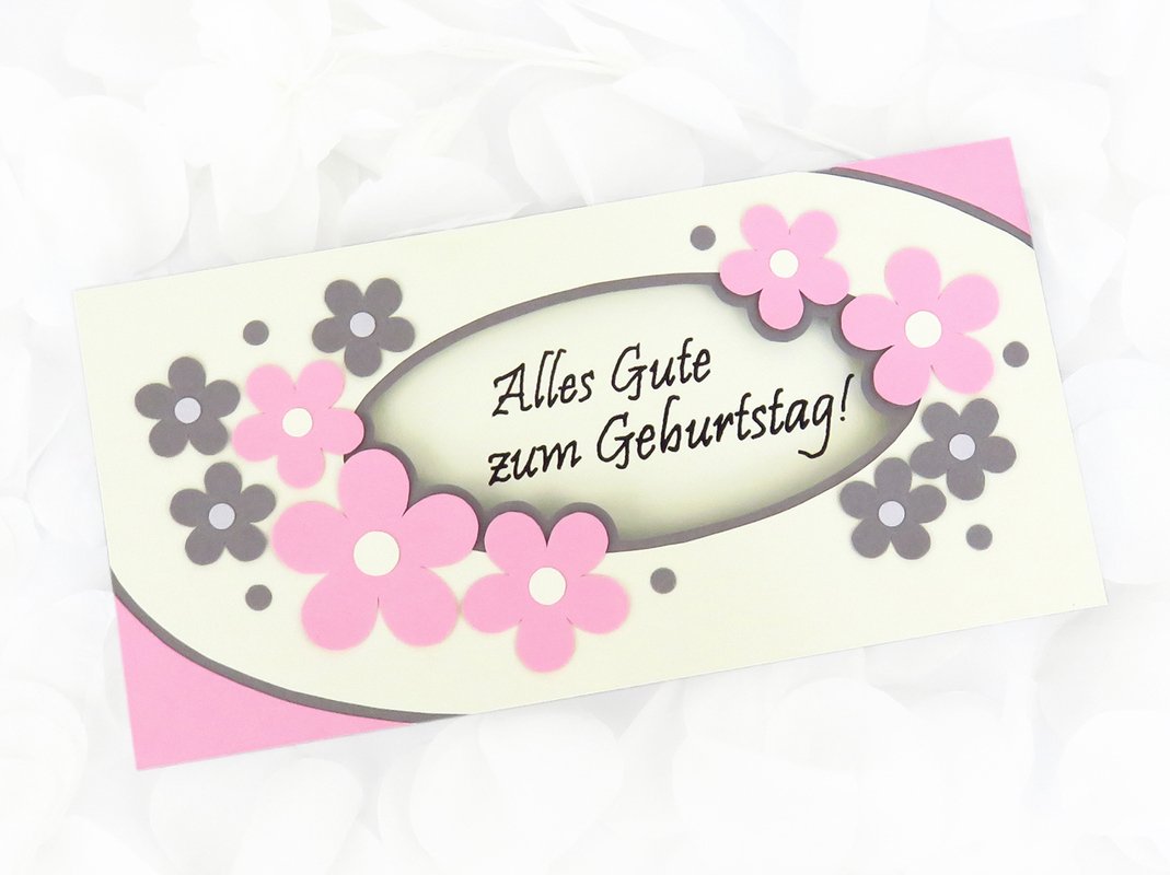 Geburtstagskarte in Grau, Cremeweiß und Rosa – Bastelanleitung und Vorlagen