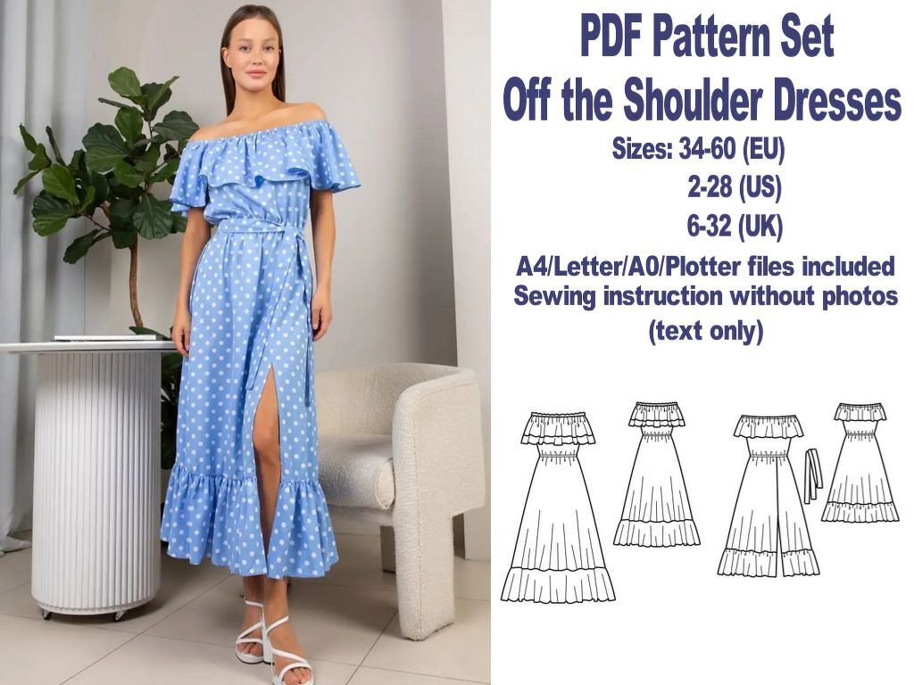 PDF Off the Shoulder Maxi Dress Pattern Women Plus Size Sewing Patterns