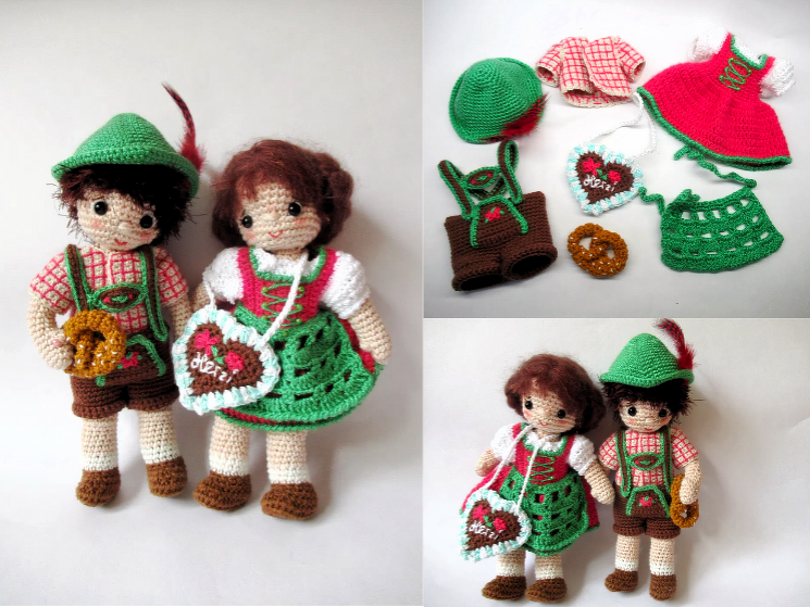 Amigurumi-Puppen in Tracht und gehäkelte Puppenkleidung wie Dirndl, Lederhose, Hut, Tasche und Brezel