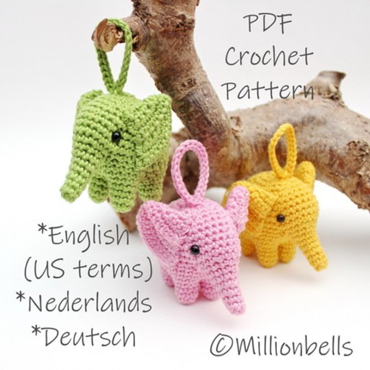 Crochet Pattern Keychain Elephant Ornament Bag Charm Amigurumi Animal