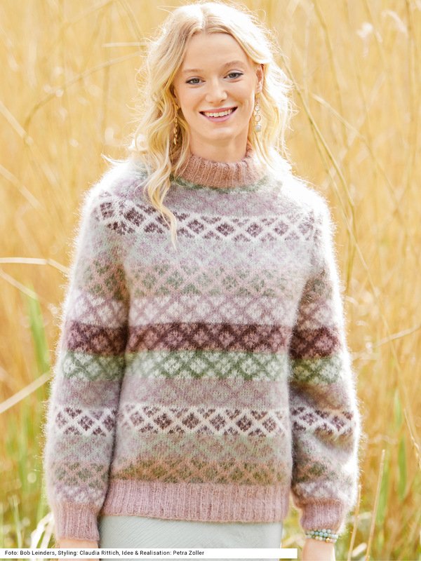 Raglanpullover mit Jacquardmuster in Rosa, Natur, Grün und Bordeaux