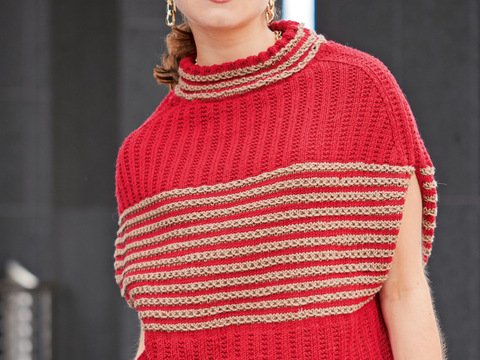 Pullunder mit Musterstreifen in Rot und Karamellbeige