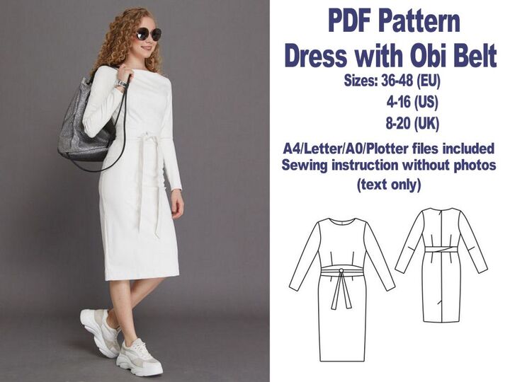 Dress with Obi Belt Sewing Pattern PDF Sewing Patterns Women's Patterns PDF