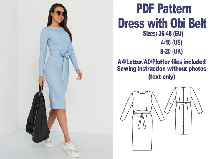 Dress with Obi Belt Sewing Pattern PDF Sewing Patterns Women's Patterns PDF