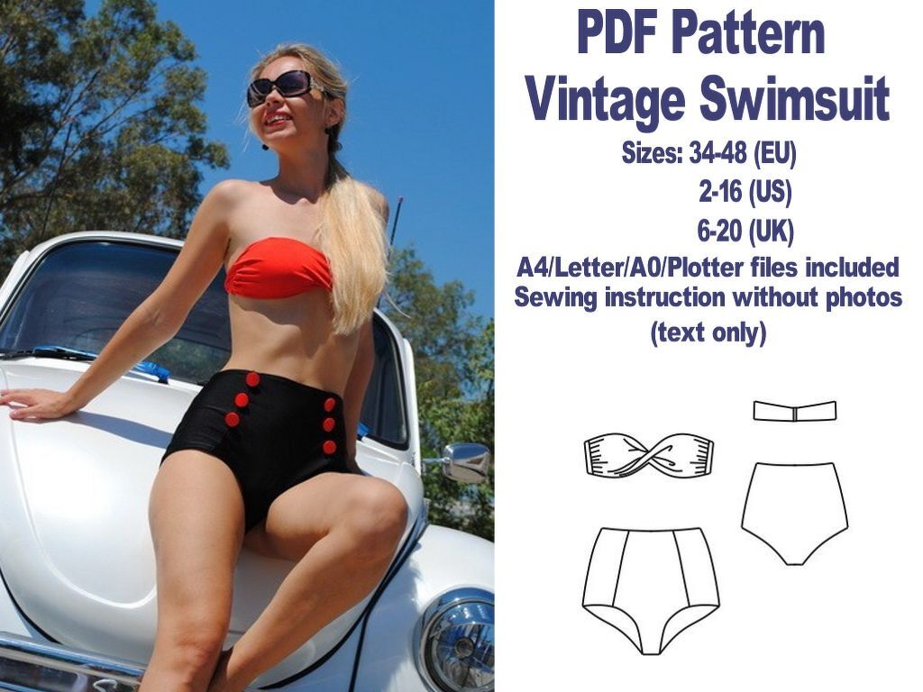 Vintage Swimsuit Sewing Pattern High Waisted Twist Front Bikini Pattern PDF